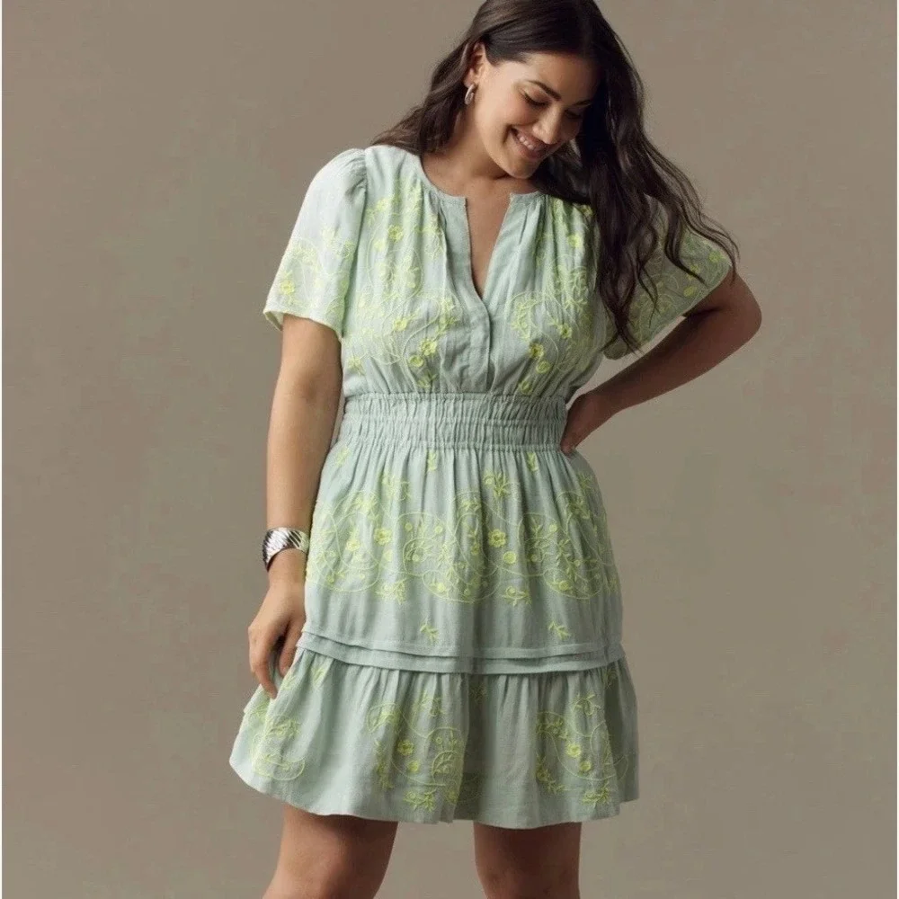 Anthropologie Somerset Mini Dress Small Linen Blend Mint Embroidered - Picture 1 of 7
